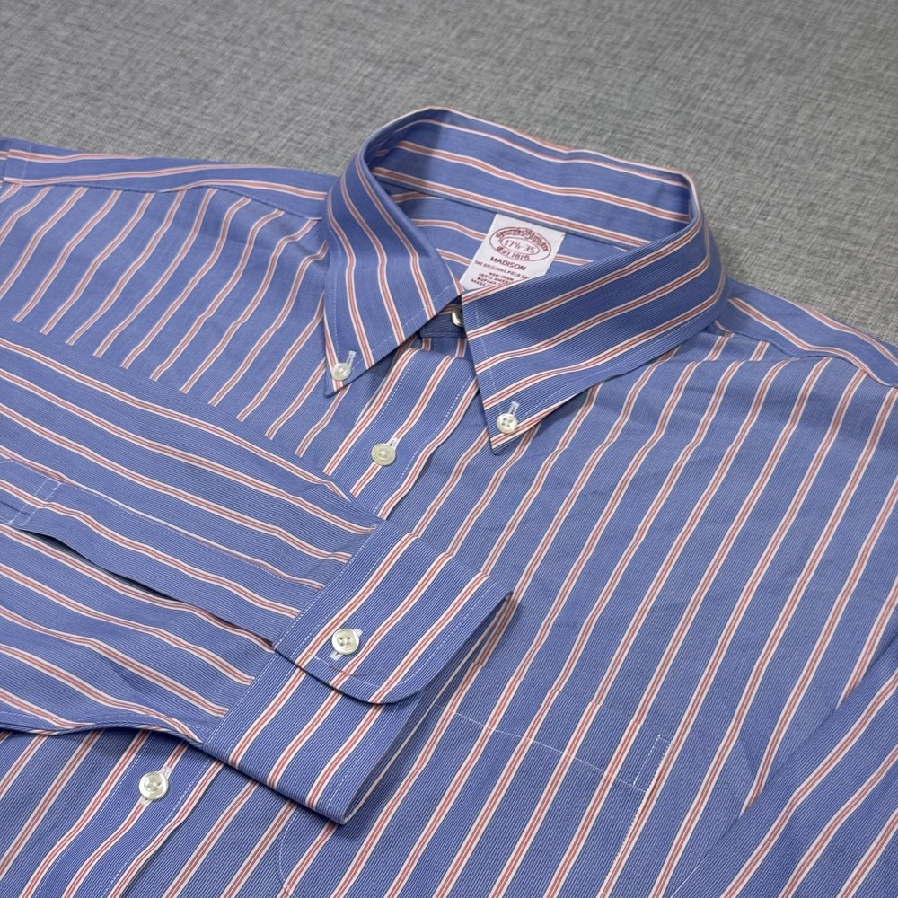Brooks Brothers Madison Button-Down Shirt Mens XL Blue Striped Non-Iron Cotton